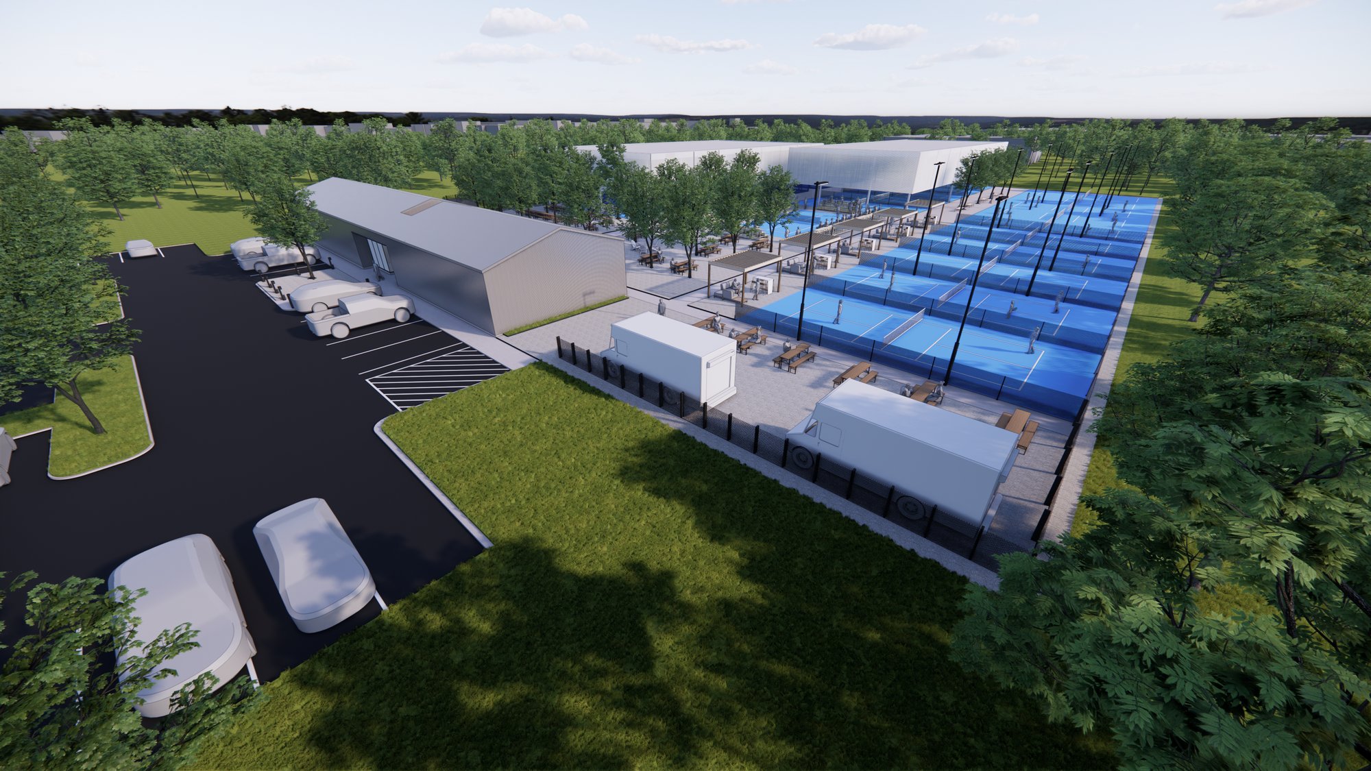 Aerial rendering of Rush Racquets showing the court layout, beer garden, and clubhouse