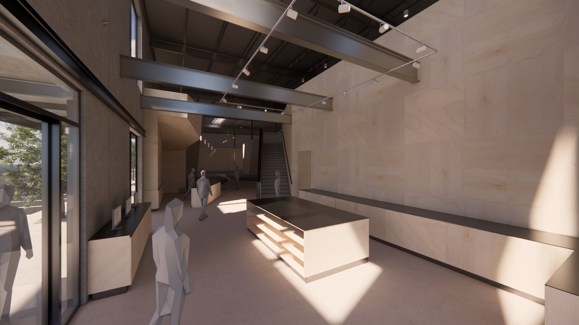 Rendering of Crux Houston climbing gym showing the building's facade and entry sequence